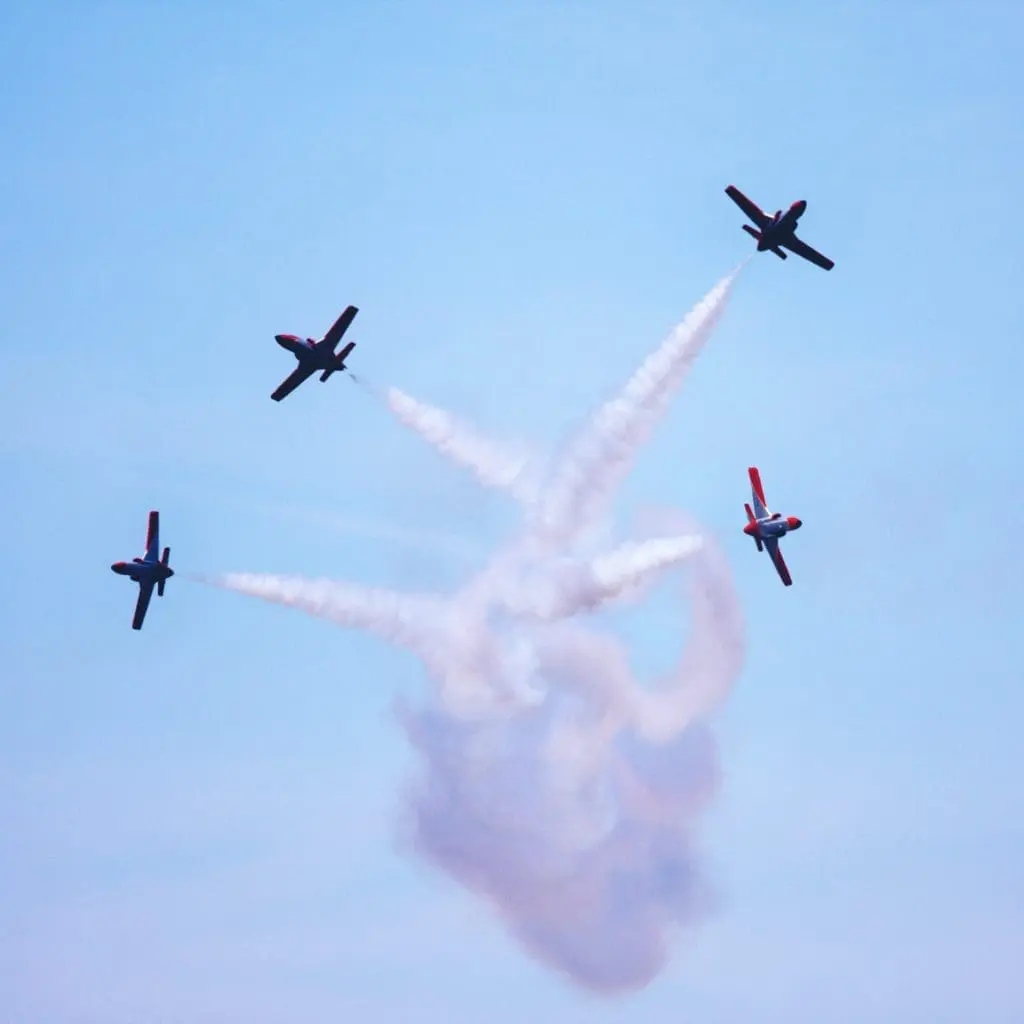 Aerobatics Team of the British Air Force performing a 'Peel-Off' with smoke trails at the Bournemouth airshow