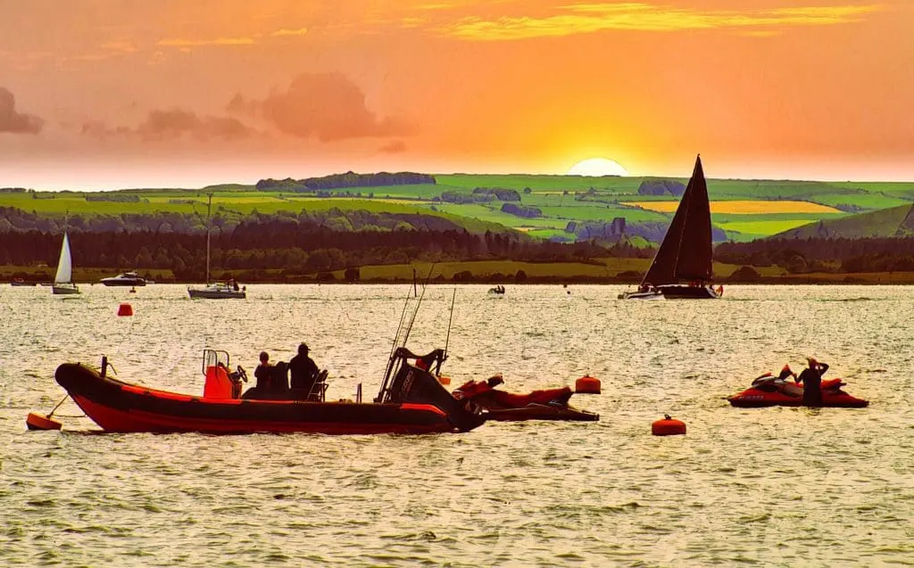 A view from Sandbanks Beach to the Purbecks