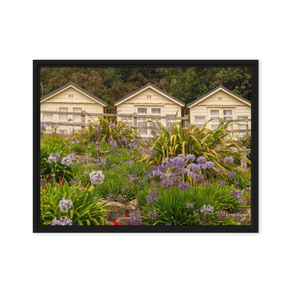 Beach Huts in Bloom – Sandbanks Framed Canvas Wall Art