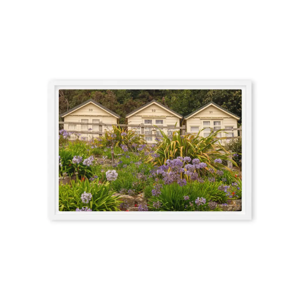 Beach Huts in Bloom – Sandbanks Framed Canvas Wall Art