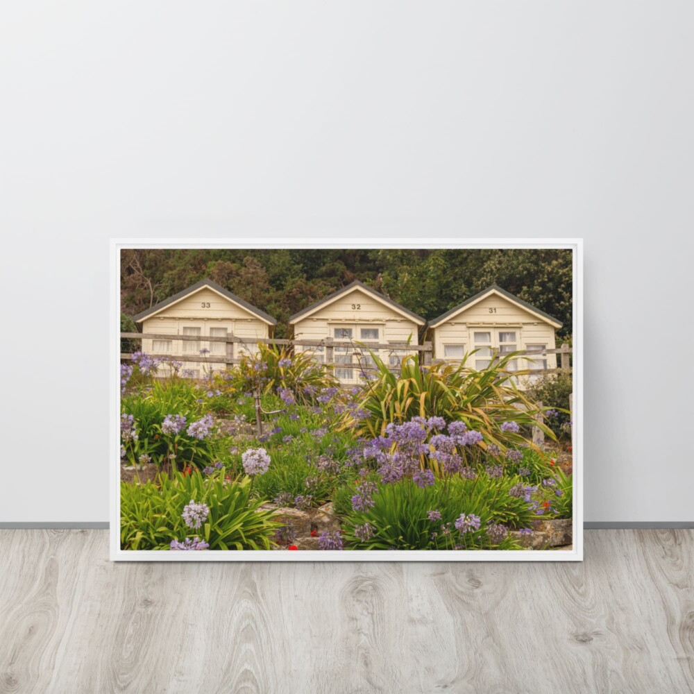 Beach Huts in Bloom – Sandbanks Framed Canvas Wall Art